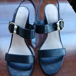 Stuart Weitzman Black Sandals with Gold Buckles and Pearl Details